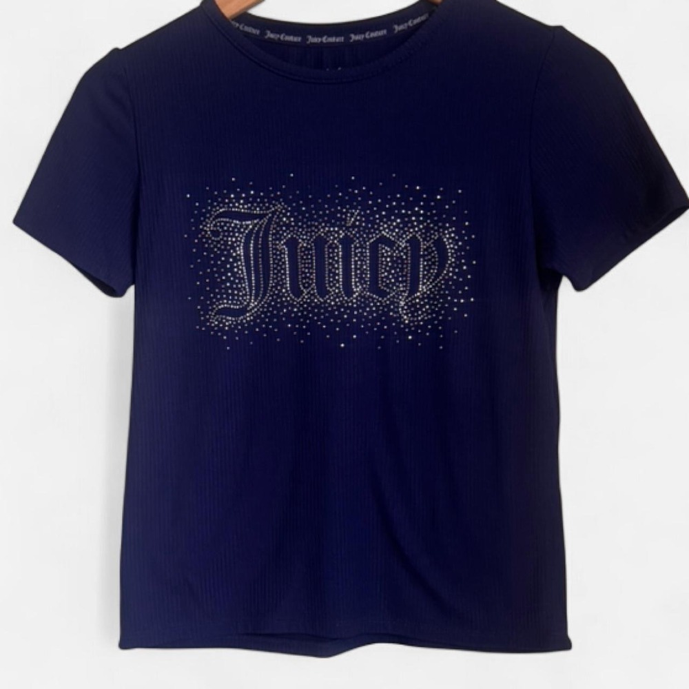 Y2K Juicy Couture Rhinestone Graphic Tee Navy Blue Cyber Bella